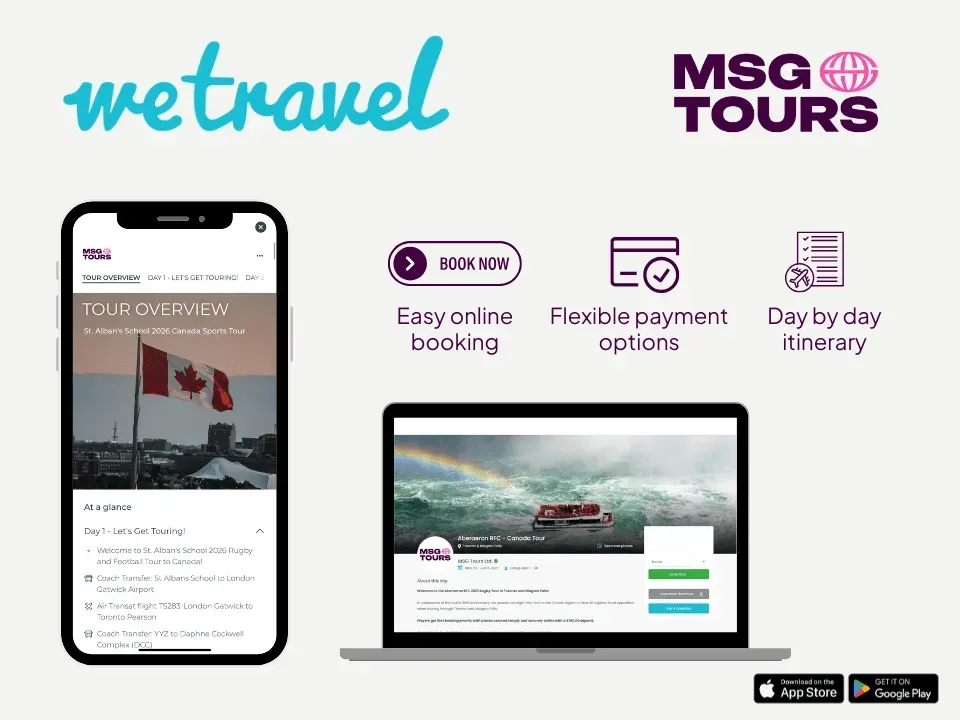WeTravel and MSG Tours ad showing a smartphone, laptop, and icons for easy booking, payment, and day-by-day itineraries