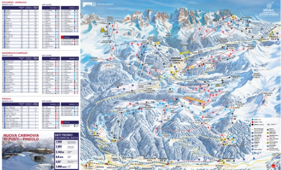 Winter resort trail map with ski runs, lifts, and legend on snowy mountain terrain.