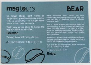 Blue coffee promo poster with cups, “BEAR,” and text about trying a winter coffee ritual.