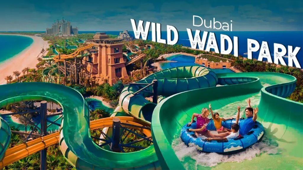 Wild Wadi Park Dubai with colorful water slides and riders in a bright seaside water park