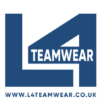 Blue and white L4 Teamwear logo with website URL beneath