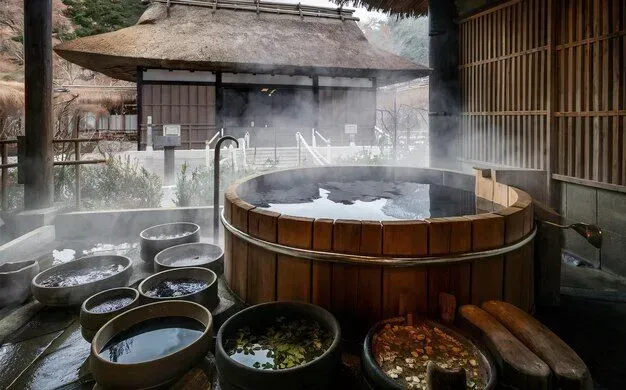 Outdoor hot spring with steaming wooden tub and several small baths in a rustic bathhouse.