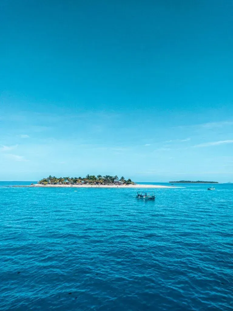 Tropical island with palm trees in a bright blue ocean under a clear sky