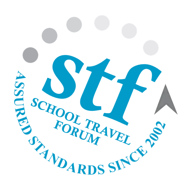 STF School Travel Forum logo with blue text and gray arc reading “Assured Standards Since 2002”