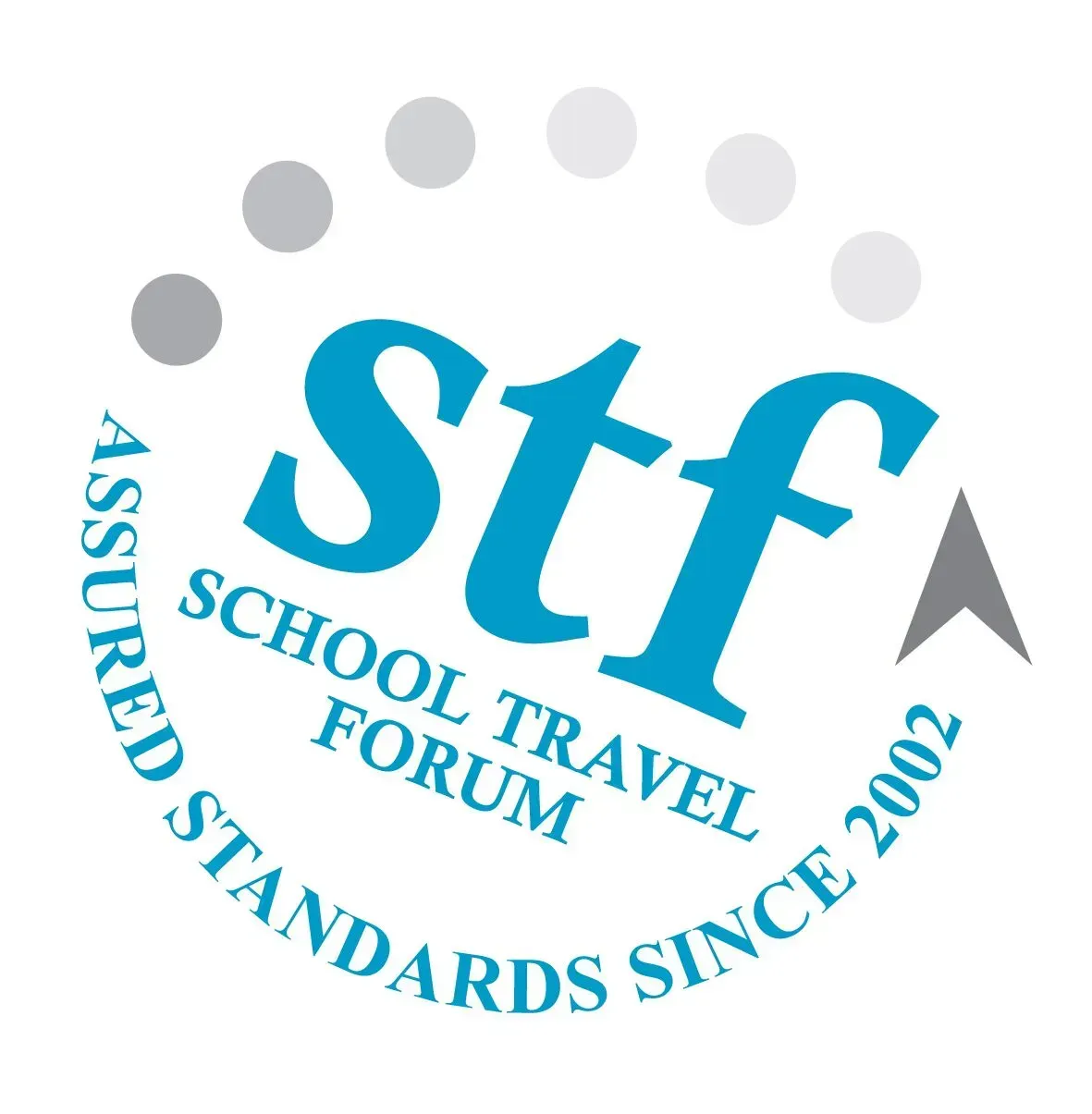 School Travel Forum STF logo with blue text and gray dots, “Assured Standards Since 2002” circular seal