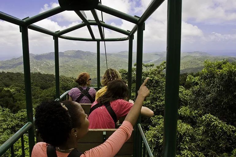 People riding a canopy tour through lush green mountains under a metal frame.