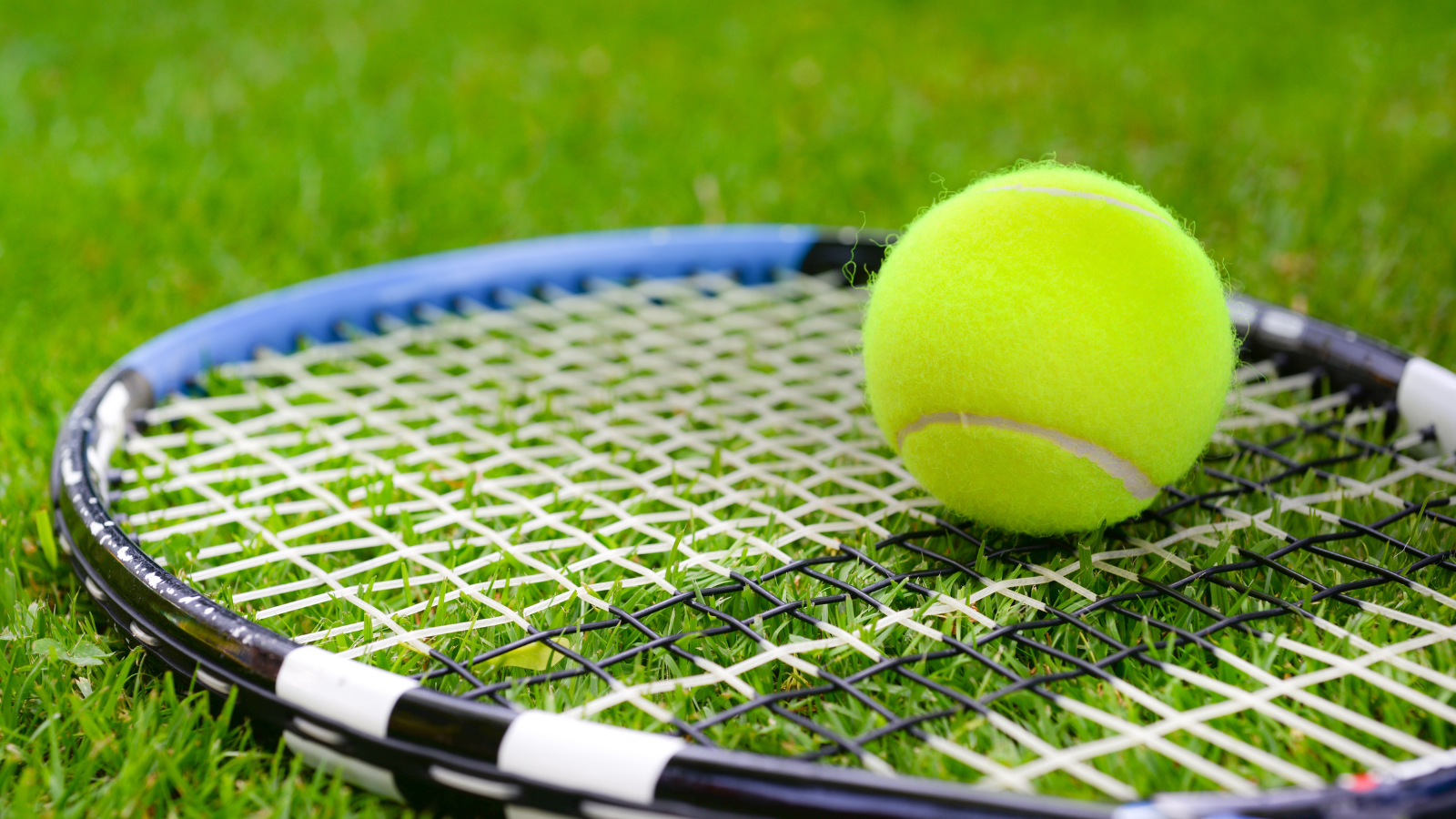 Tennis ball on racket on grass court