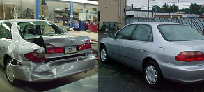 A picture of a car before and after being damaged