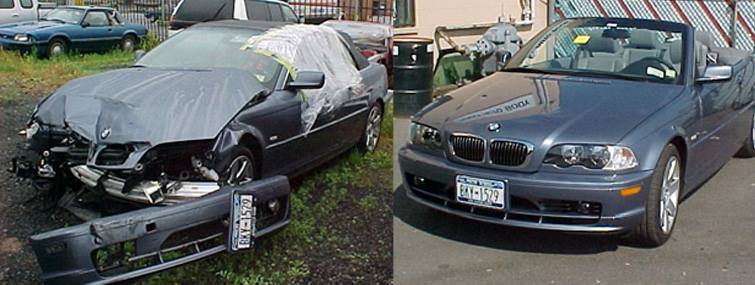 A before and after photo of a bmw convertible