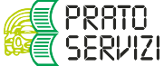 Logo di PRATO SERVIZI con un’icona circolare a strisce verdi e gialle e testo nero su sfondo bianco