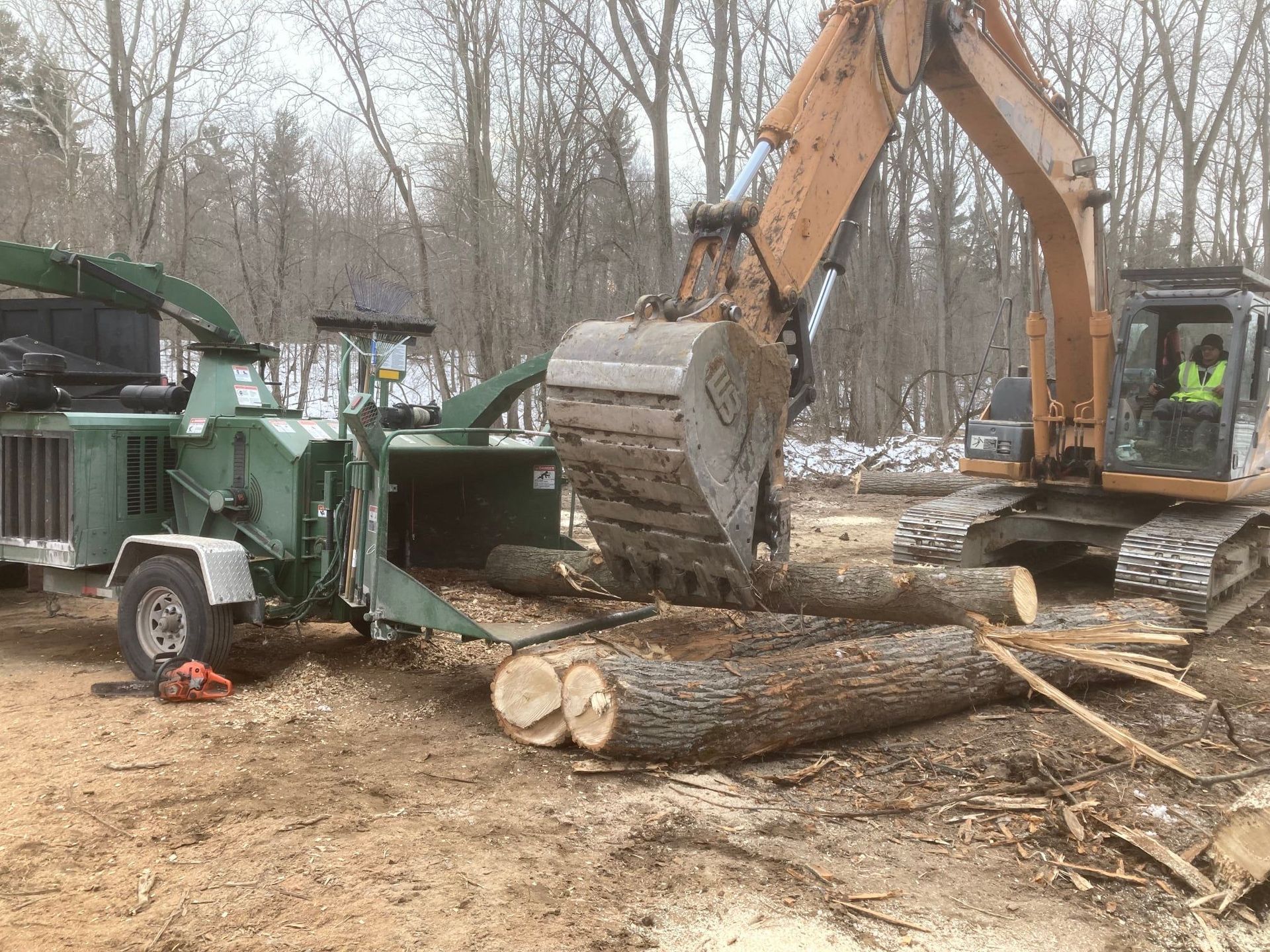 Wood chipper and excavator loading cut logs in a muddy wooded worksite