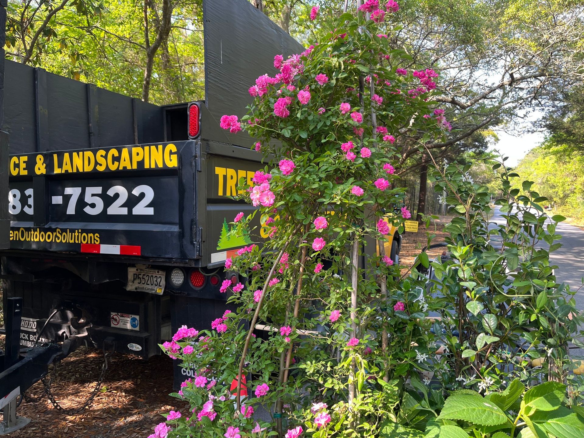 Black landscaping truck beside a blooming pink flowering vine and greenery