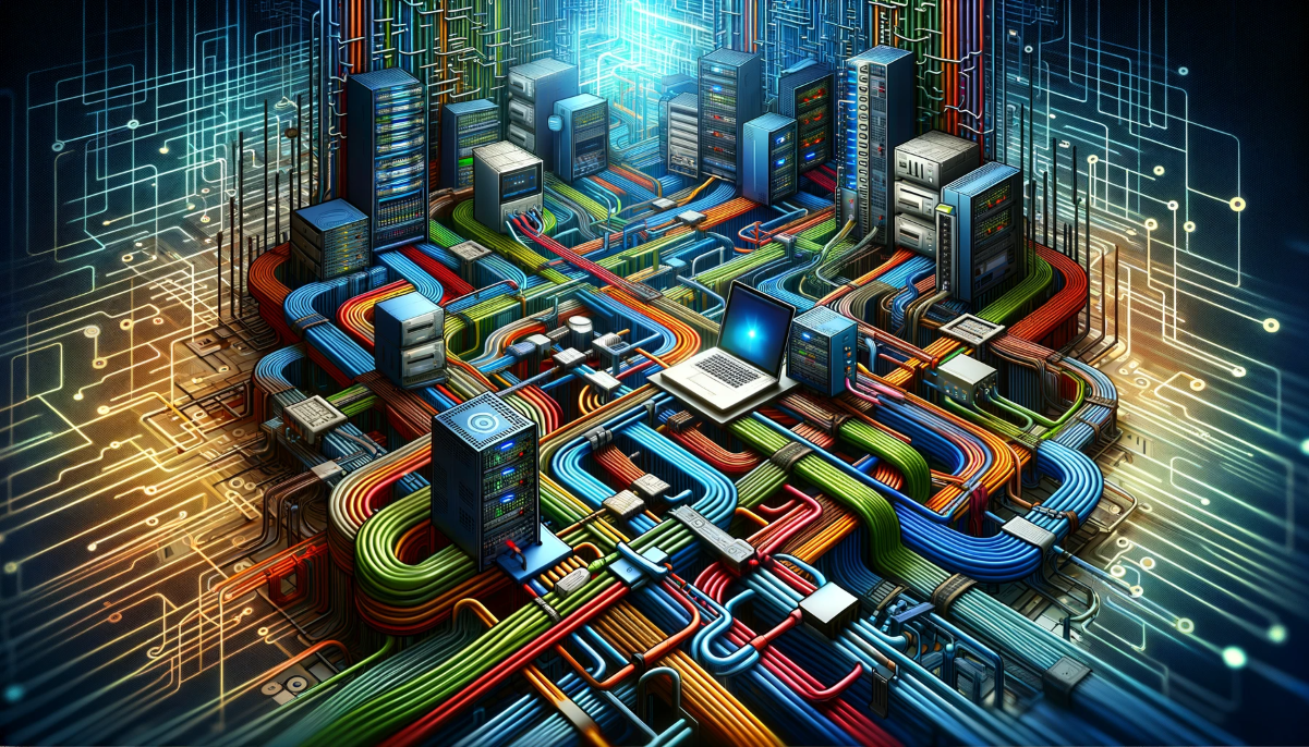 Cityscape with buildings connected by colorful cables, representing a data network.