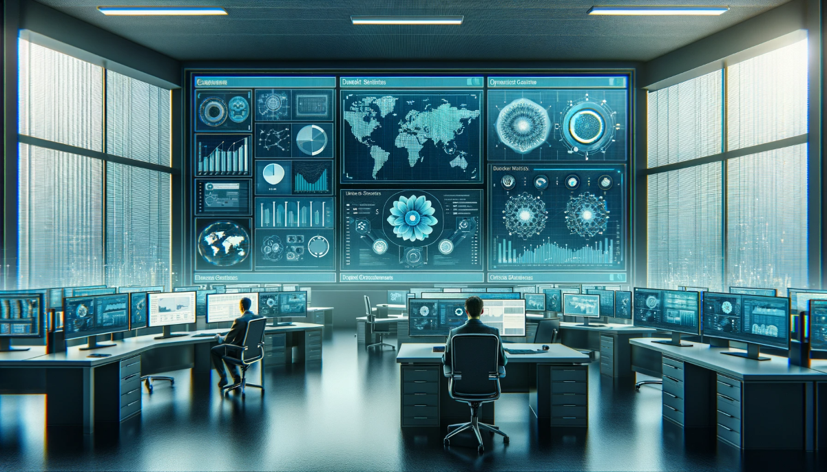 A control room with multiple computer screens and data displays. Two people are working at desks.