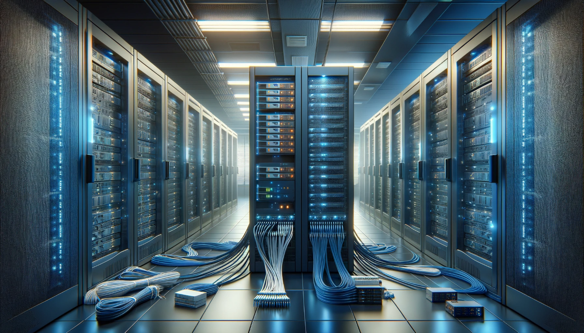 Server room with rows of racks, illuminated with blue lights, cables on floor.