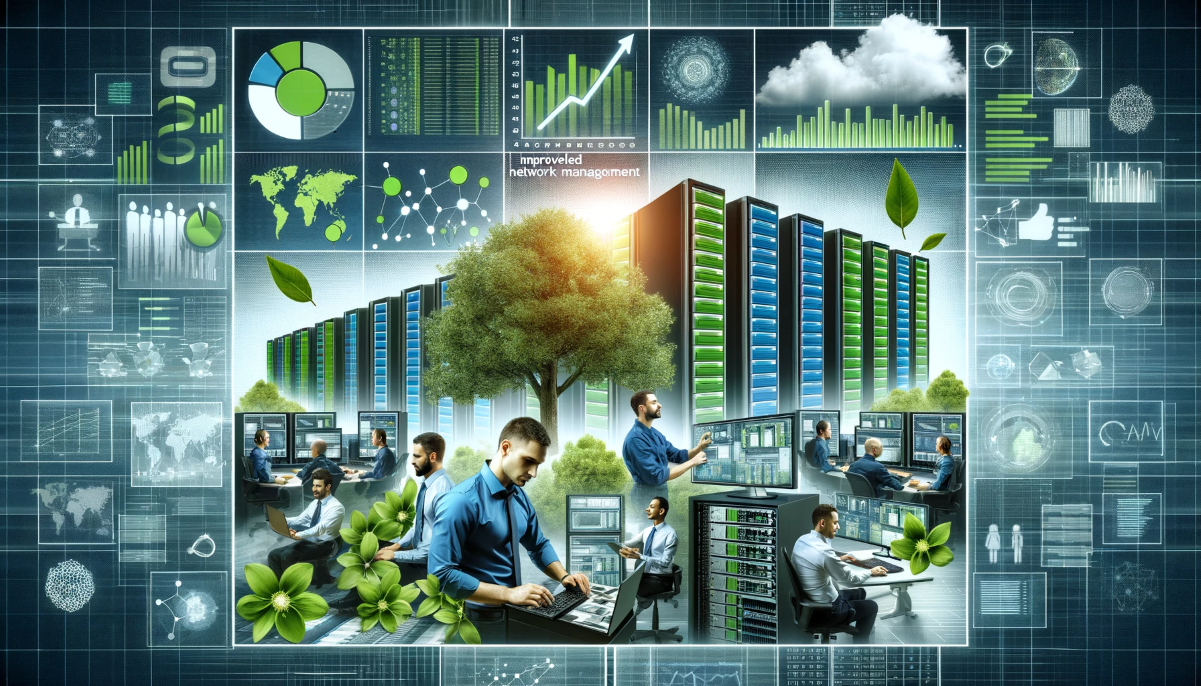 Data center with graphs, workers, and a tree, symbolizing eco-friendly technology. Blue and green hues.