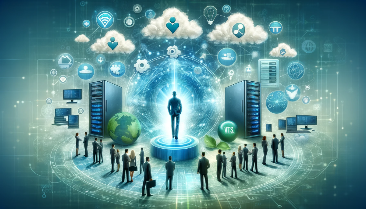 A person stands on a platform with people below, surrounded by cloud computing and data servers.