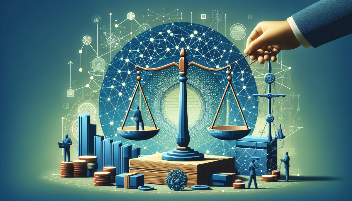Scales of justice with a hand balancing it amid digital network and figures.