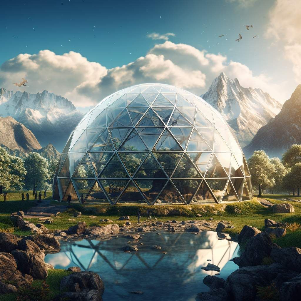A large glass dome greenhouse amidst mountains and a lake, with trees and blue sky.