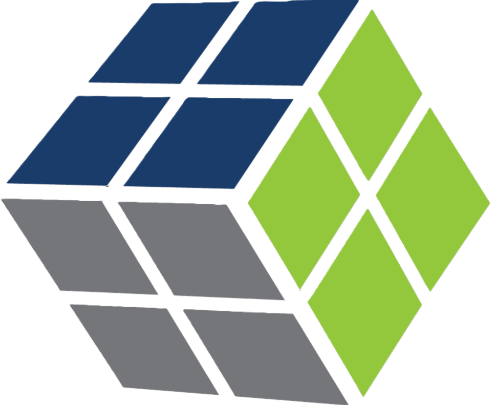 Abstract cube logo with blue, gray, and green geometric panels