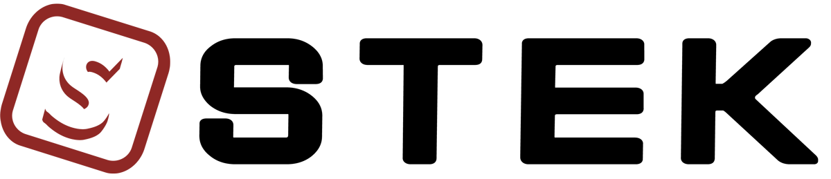 STEK logo with black text and a red square emblem on a white background
