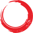 Red brushstroke circle logo on a white background