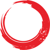 Red brushstroke circle logo on a white background