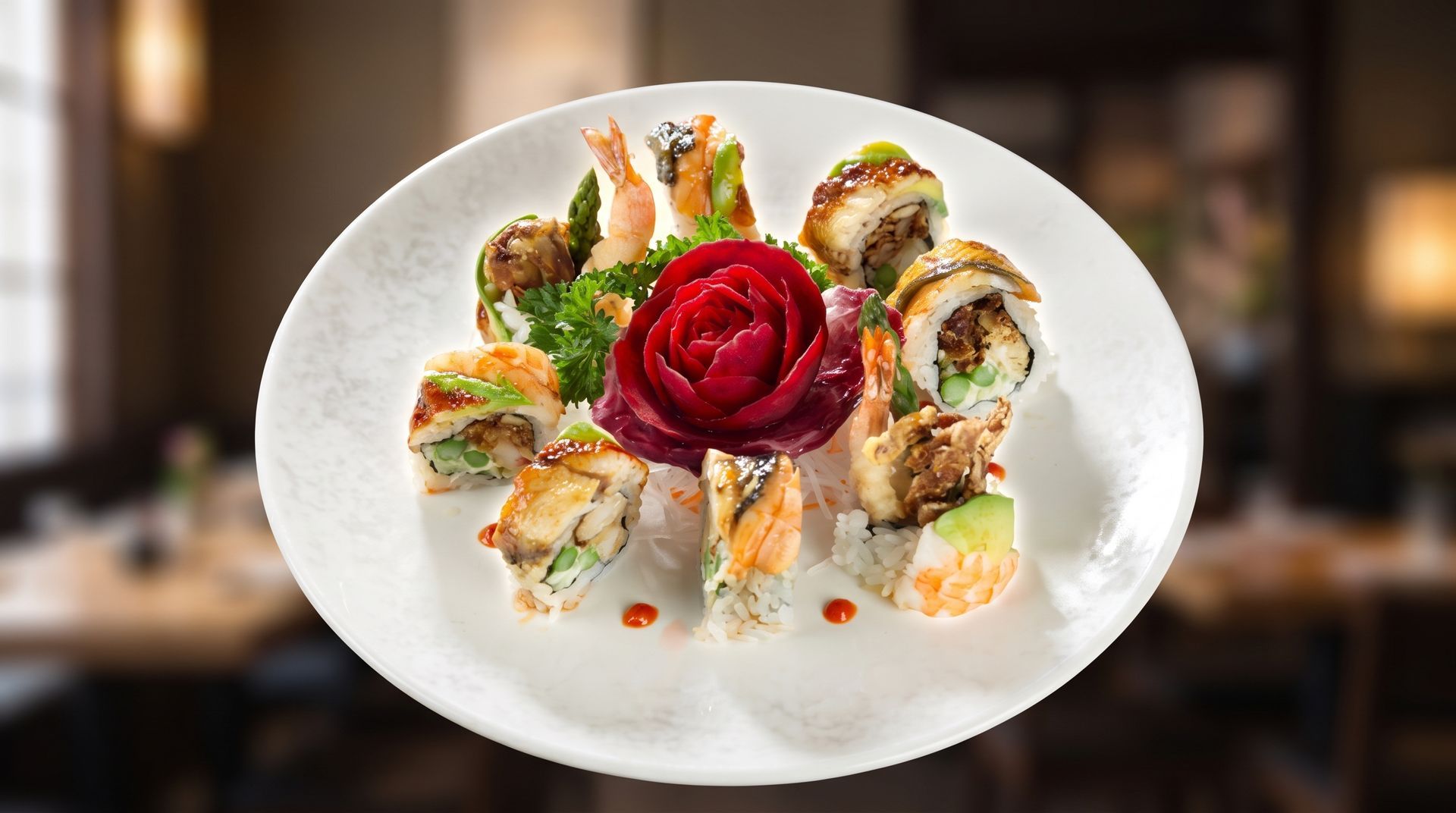Sushi rolls arranged on a white plate with a carved red rose garnish in the center.