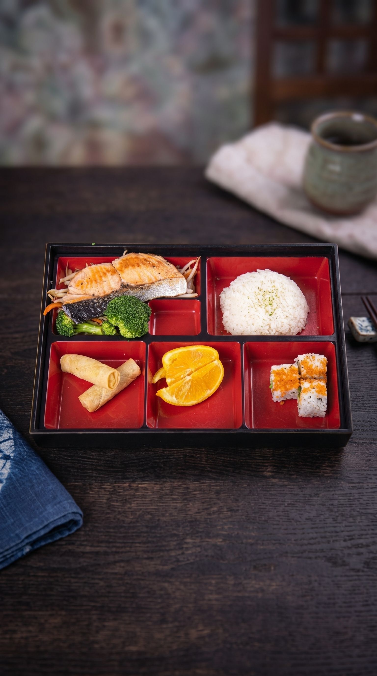 Bento lunch box with sushi, rice, tamagoyaki, orange slices, and dessert on a dark table