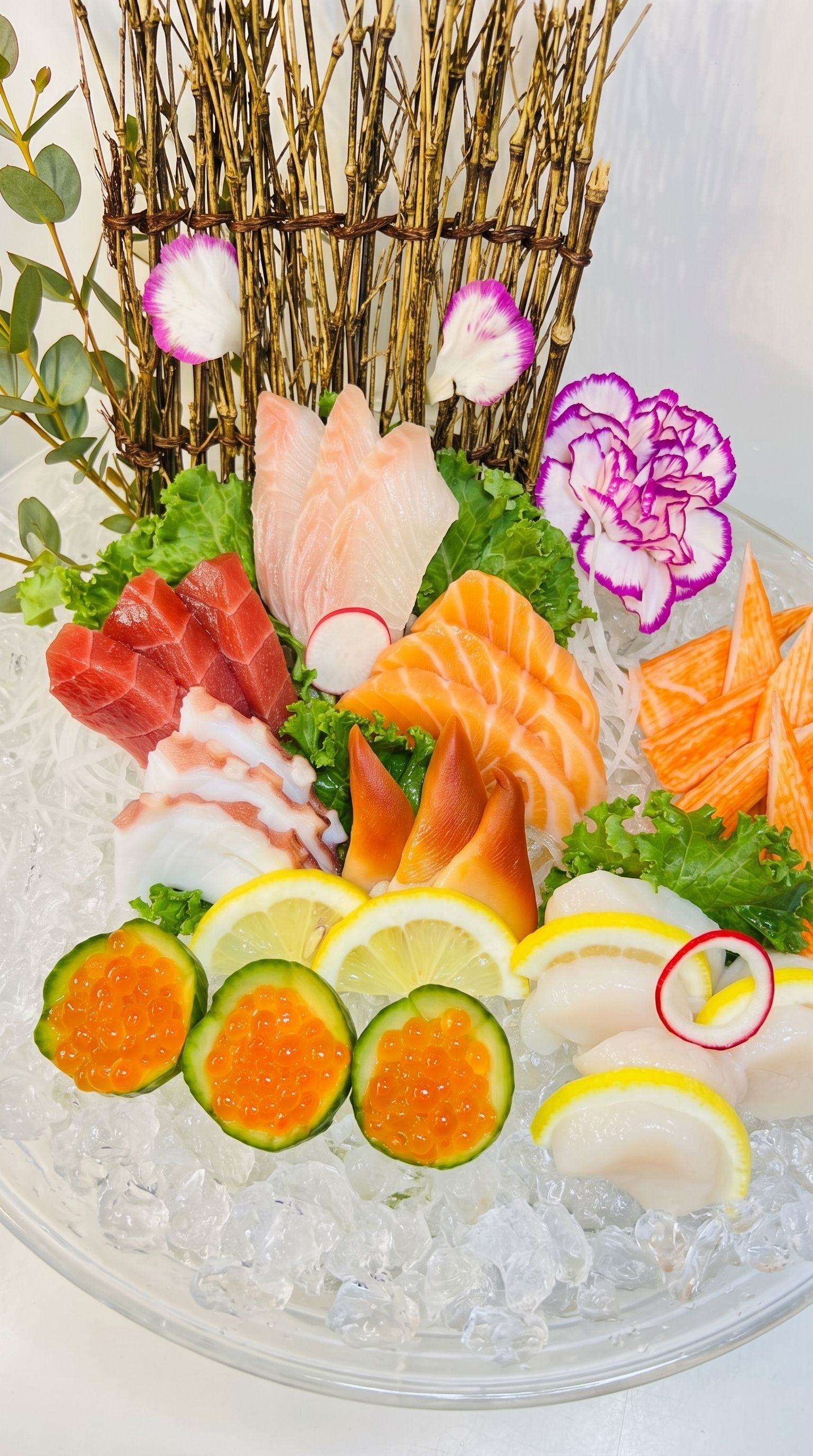 Assorted sushi sashimi platter with garnishes on a glass tray