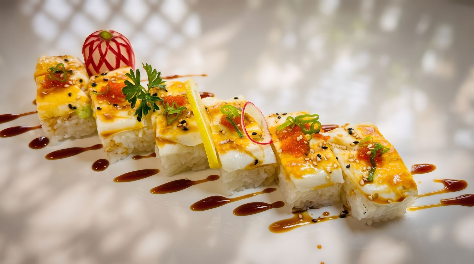 Plated sushi rolls garnished with herbs and sauce on a white background