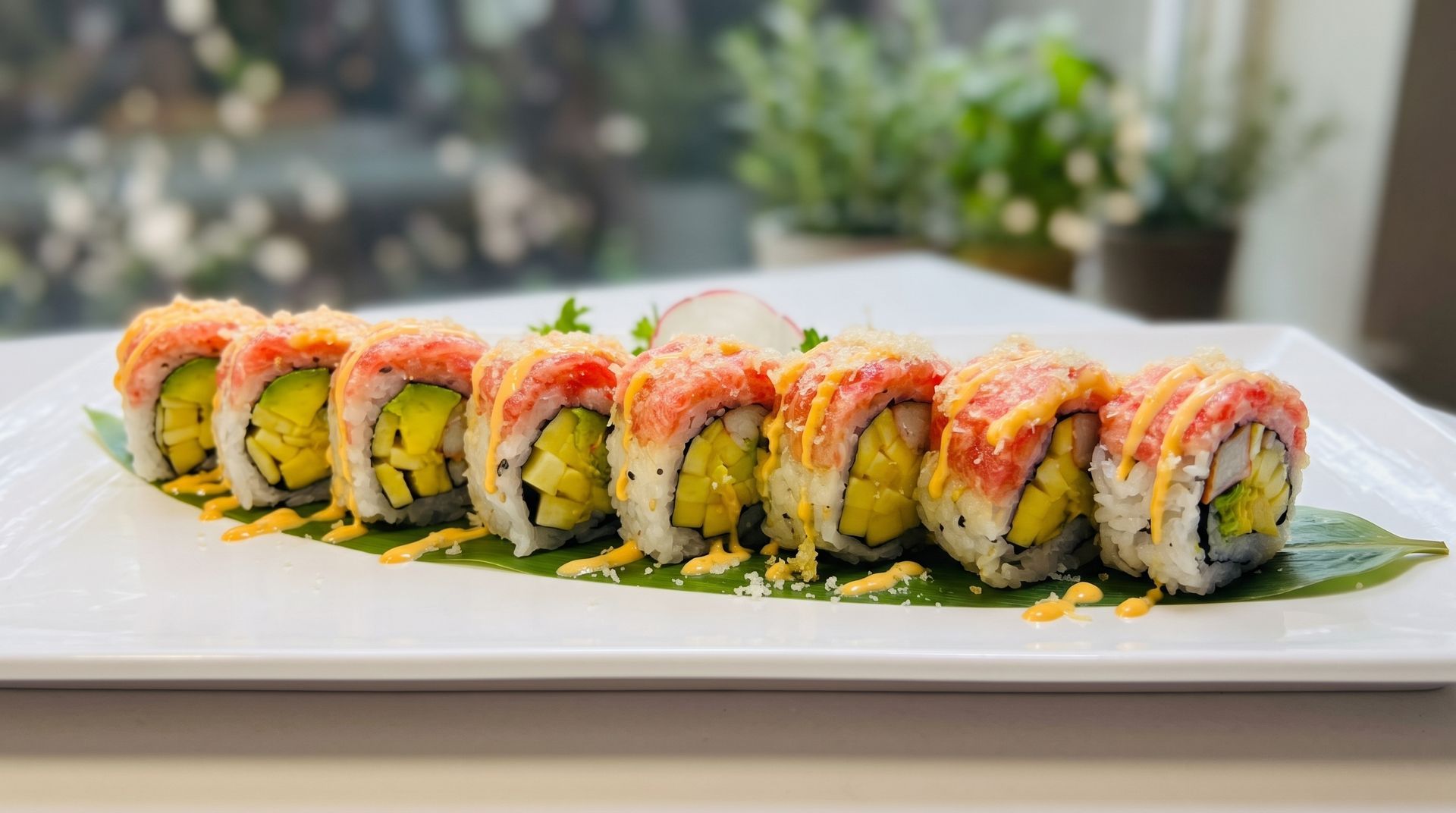 Sushi roll slices topped with sauces and sesame on a white plate, garnished with greens.