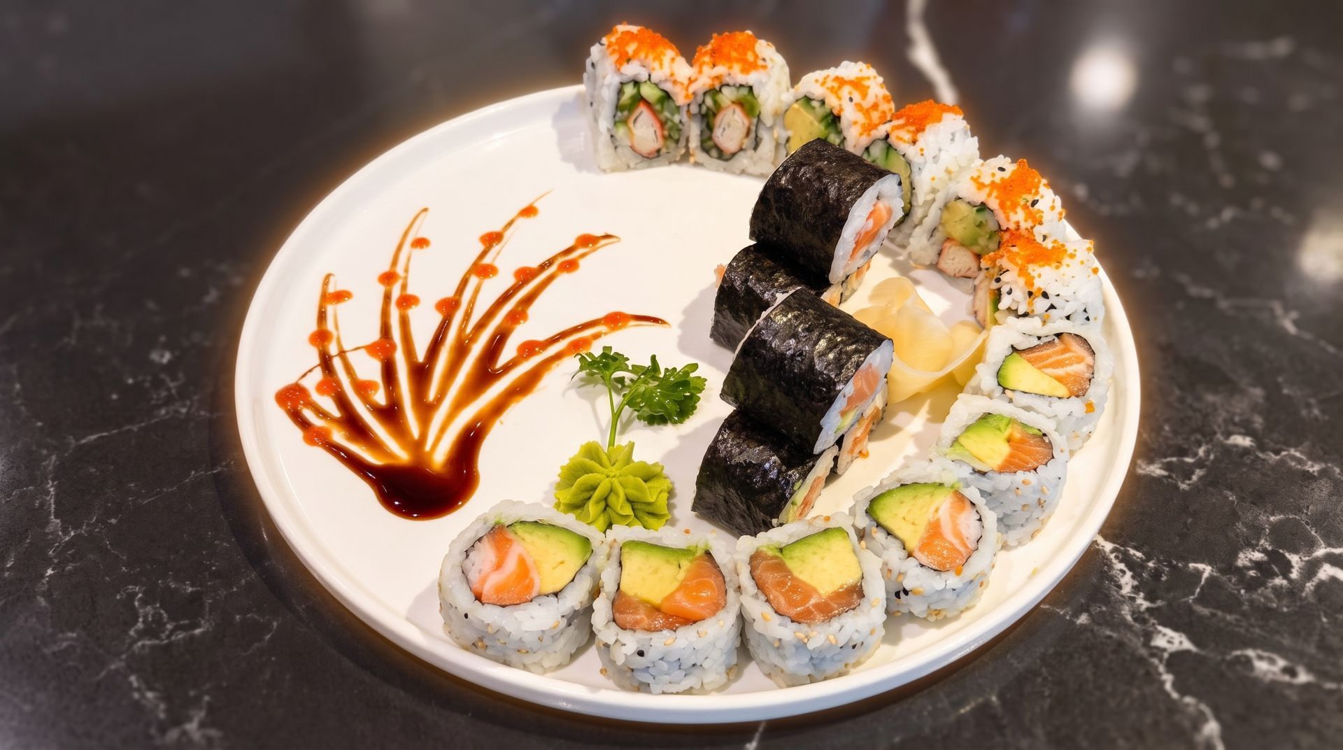 Assorted sushi rolls arranged on a white plate with orange sauce garnish on a dark table.