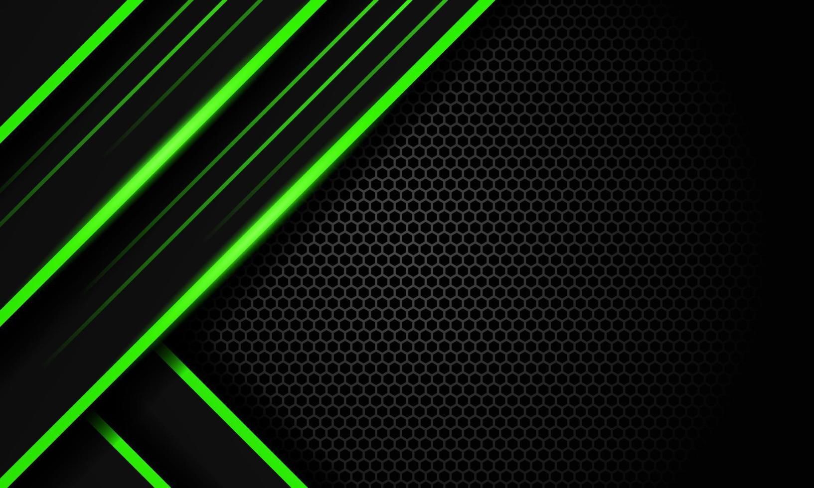 Zwart en groen abstract ontwerp met diagonale, gloeiende lijnen en een honingraatachtergrond.