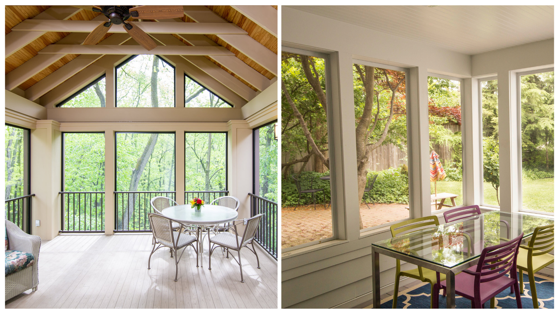 A collage of two pictures of a screened in porch with a table and chairs.