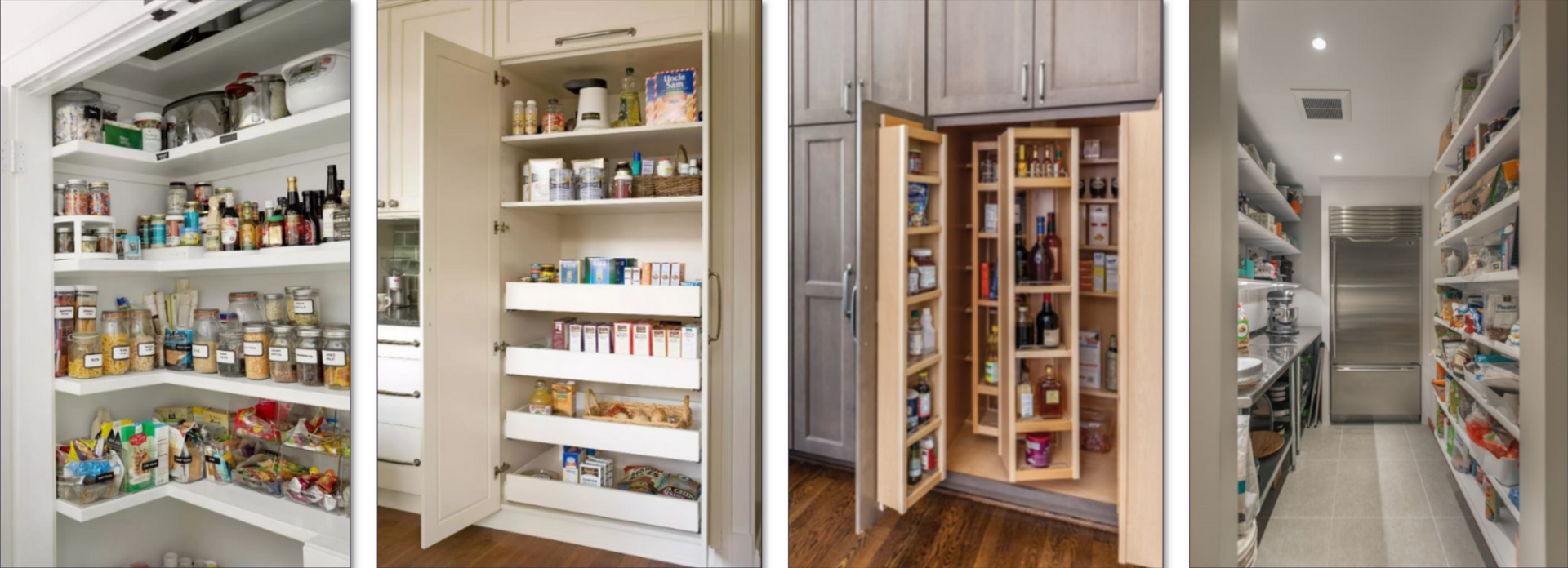 Pantry and closet storage with shelves, jars, and pull-out drawers in a bright home interior