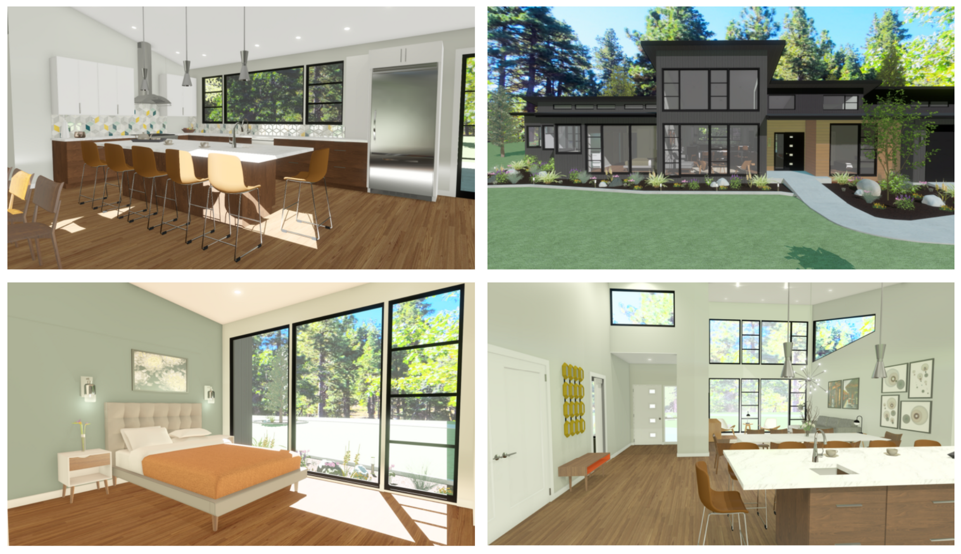 Four views of a modern house interior and exterior with bright wood floors, large windows, and a patio