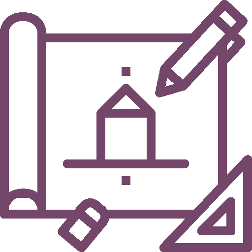 A purple line drawing of a house with a pencil and a ruler.