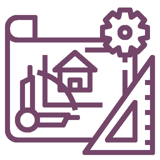 A purple icon of a blueprint with a gear and a ruler.