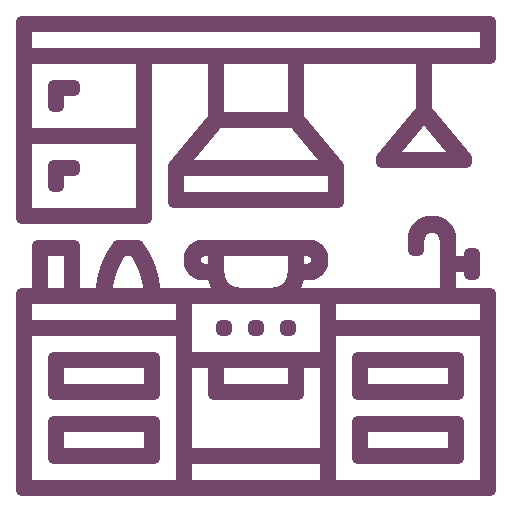 A kitchen icon with a stove , cabinets , drawers and a sink.