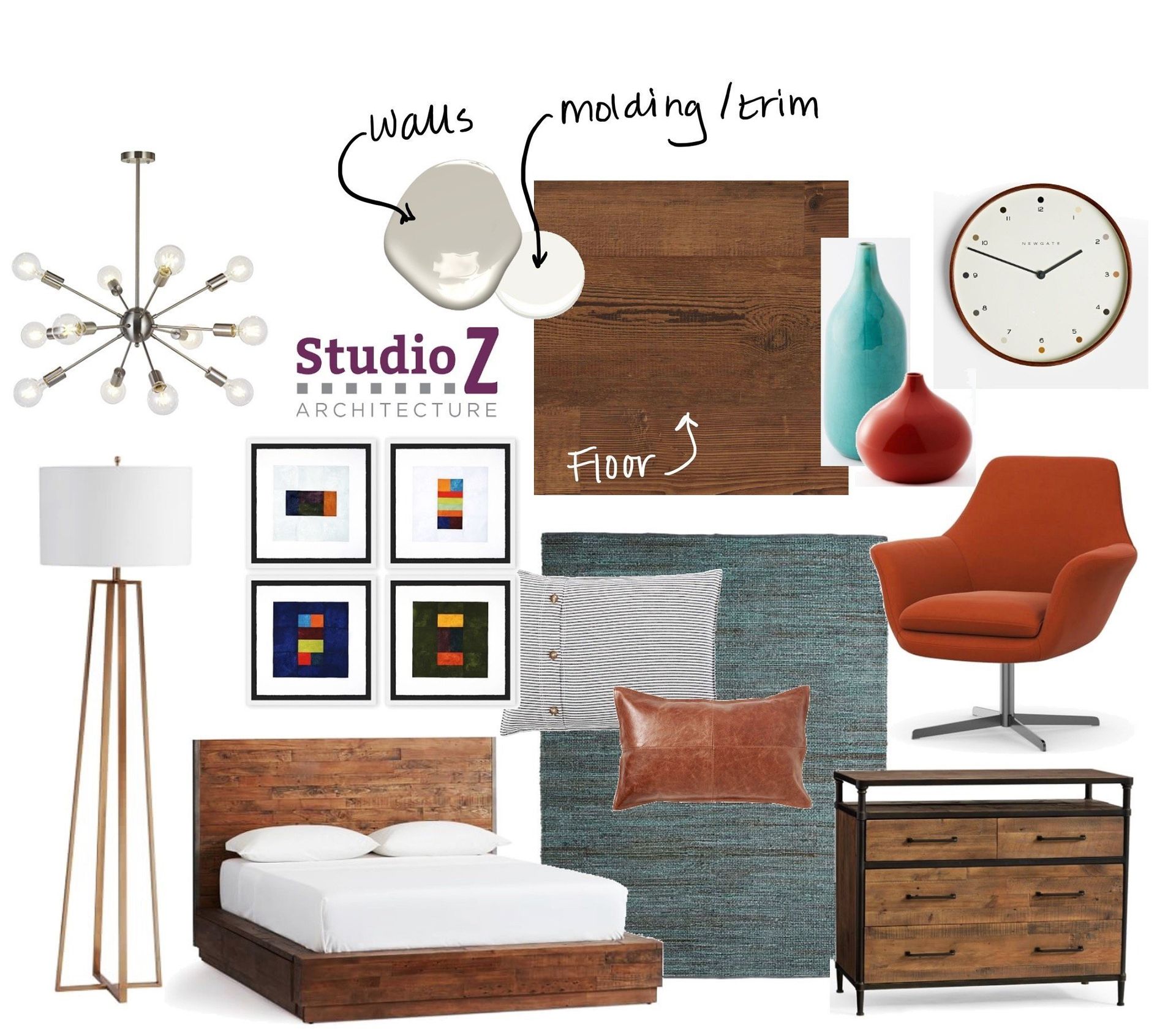 A room with a bed a chair a lamp and a clock