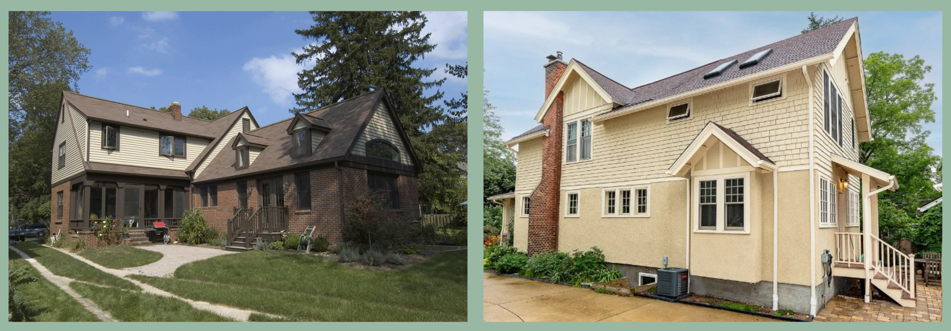 A collage of two houses in traditional architectural styles.
