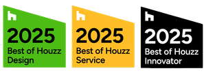 Three logos for best of houzz design , best of houzz service , and best of houzz innovator.