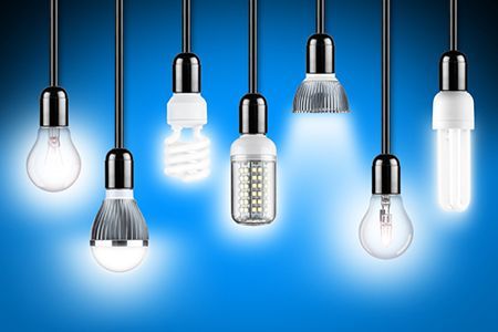 There are many different types of light bulbs hanging from the ceiling.