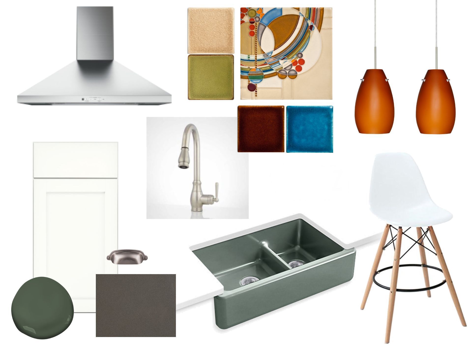A collage of kitchen items including a sink and a chair