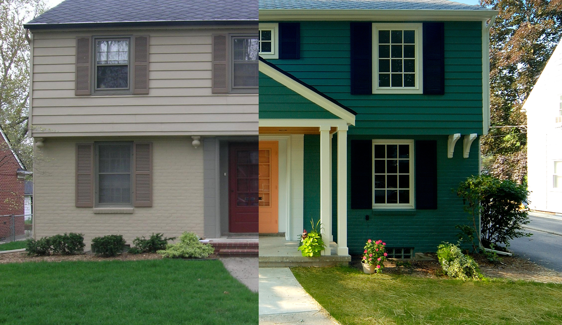 A picture of a house before and after exterior remodeling and painting.