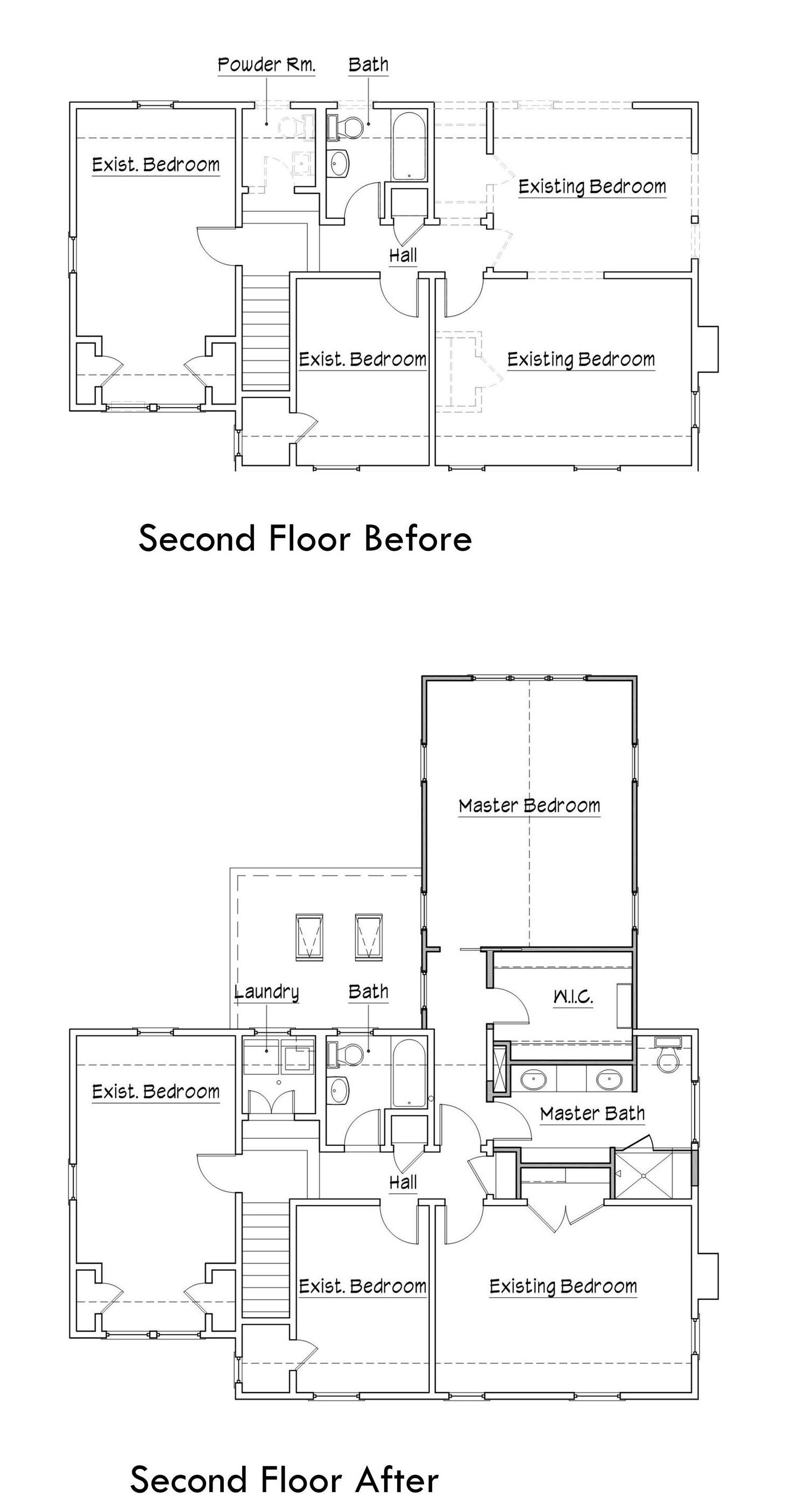 A black and white floor plan of a house showing the second floor before and after.