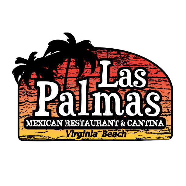 Las Palmas Mexican Restaurant & Cantina logo: Palm trees over a sunset, with text on a wooden background.