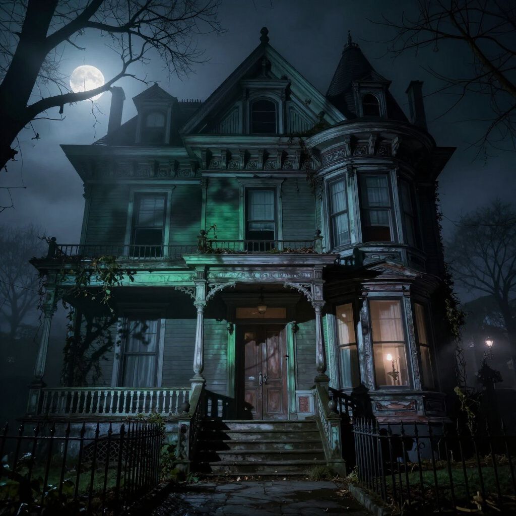Creepy Victorian house at night, lit by moon and ominous green light.