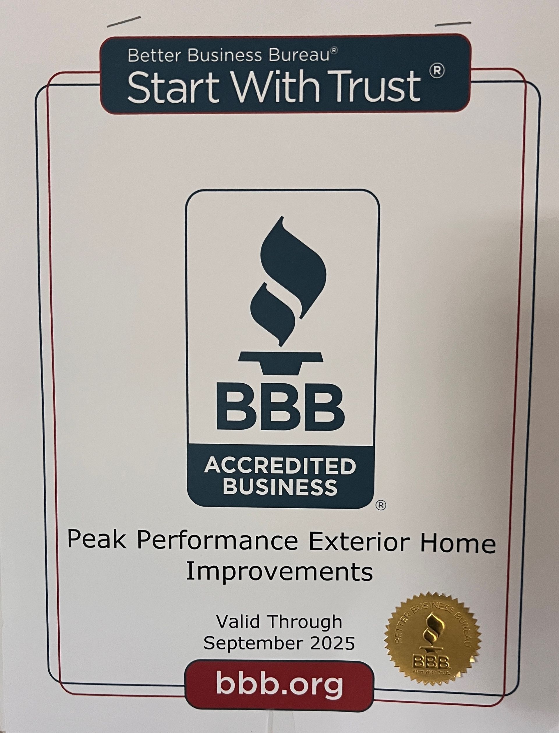 BBB Accredited Business badge with “Start With Trust,” “Peak Performance Exterior Home Improvements,” and bbb.org logo